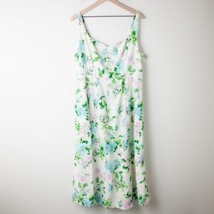 Old Navy Linen Floral Midi Dress XL White Fit Flare Sweetheart Pockets Smocked